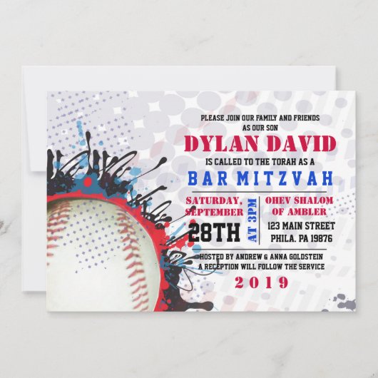 BASEBALL Splatter Bar Bat Mitzvah Uitnodiging (Voorkant)