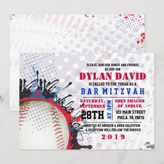 BASEBALL Splatter Bar Bat Mitzvah Uitnodiging (Voorkant / Achterkant)