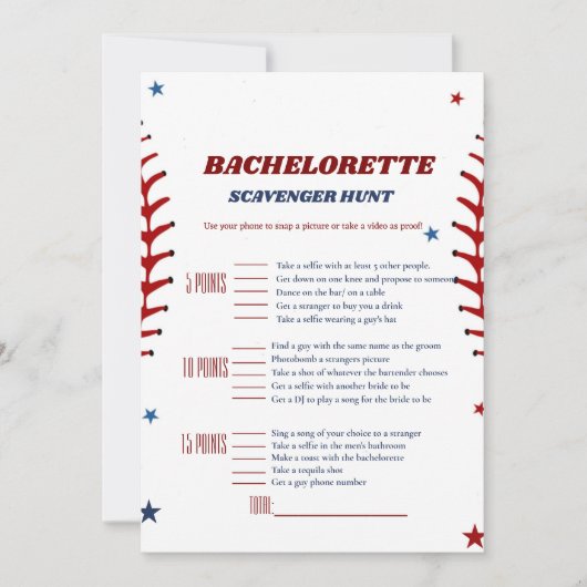 Baseball Sport bachelorette Scavenger spel Kaart (Voorkant)