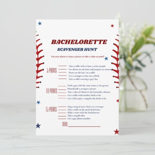 Baseball Sport bachelorette Scavenger spel Kaart (Staand voorkant)
