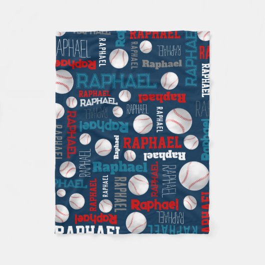 Baseball sport blauwe rode witte achternaam fleece deken (Voorkant)