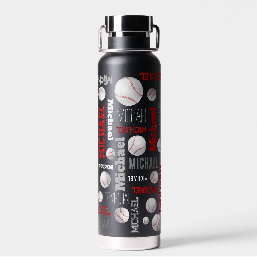 Baseball sport blauwe rode witte achternaam waterfles (Achterkant)
