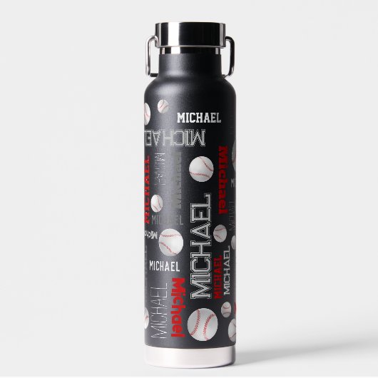 Baseball sport blauwe rode witte achternaam waterfles (Voorkant)
