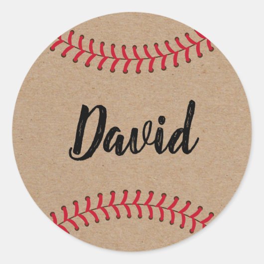 Baseball Sport Thema met naam Rustic Kraft Ronde Sticker (Voorkant)
