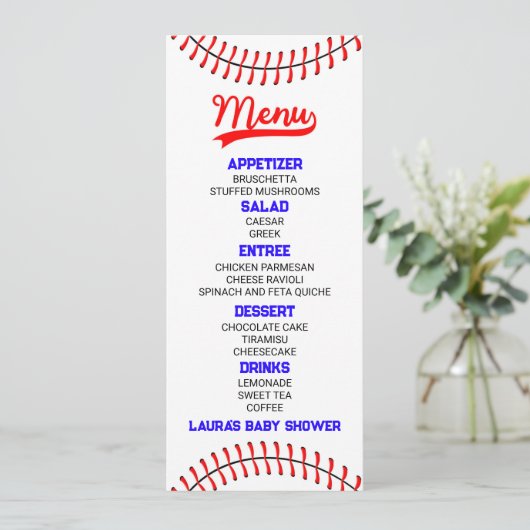 Baseball Sports Red Blue Baby shower Food Menu (Staand voorkant)