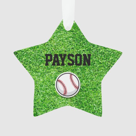 Baseball Star Sport Speler NAAM Bal Groen Gras Ornament (voorkant)