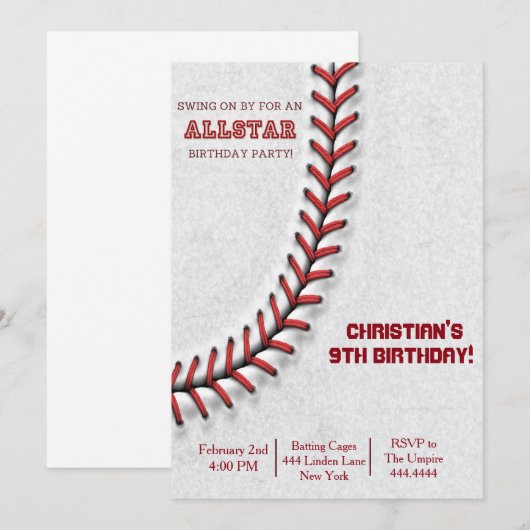Baseball Stitch Birthday-uitnodigingen Kaart (Voorkant / Achterkant)
