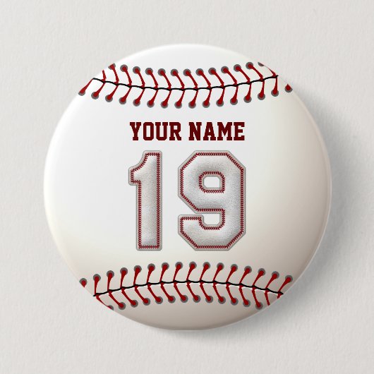 Baseball Stitches Player Number 19 en Custom Name Ronde Button 7,6 Cm (Voorkant)