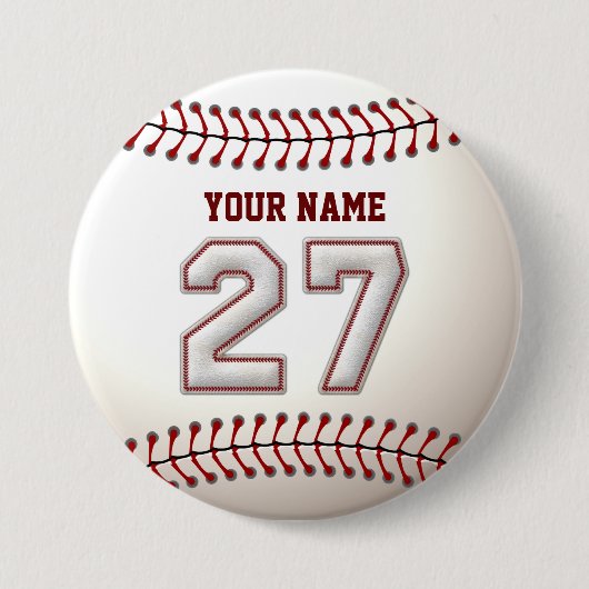Baseball Stitches Player Number 27 en Custom Name Ronde Button 7,6 Cm (Voorkant)