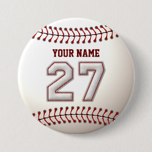 Baseball Stitches Player Number 27 en Custom Name Ronde Button 7,6 Cm