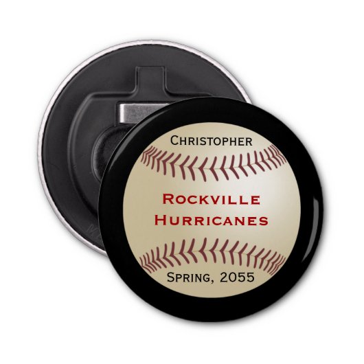 Baseball Team, Blauw, Naam, magnetische knoop Button Flesopener (Voorkant)