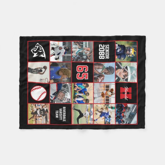 Baseball Team Senior Night Custom Photo Black Red Fleece Deken (Voorkant (Horizontaal))