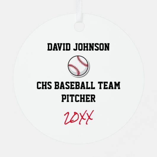 Baseball Team Speler Wit Rood Zwart Custom Fun Metalen Ornament (Achterkant)