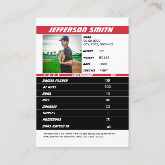 Baseball Team Trading Kaart Gift Rood Wit Contactkaartje (Achterkant)