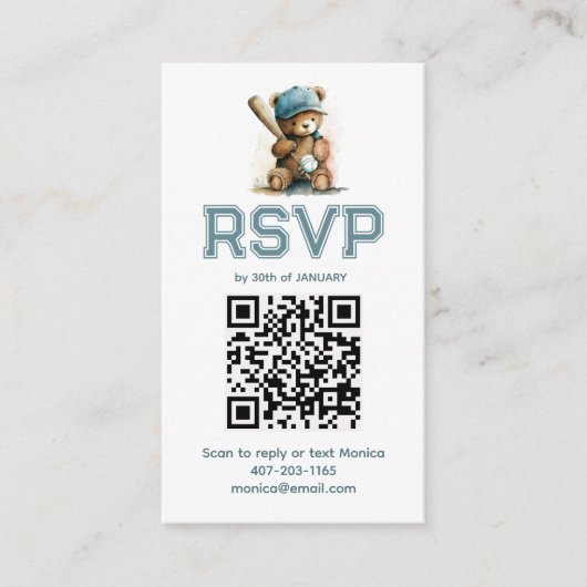 Baseball Teddy Bear Baby Shower QR Code RSVP  Informatiekaartje (Voorkant)
