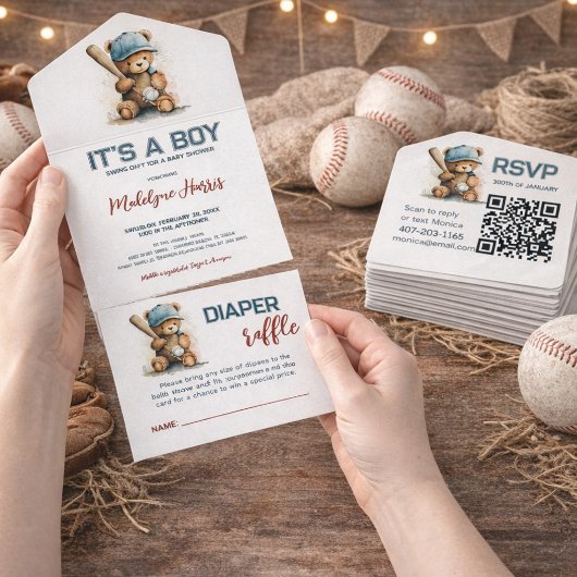 Baseball Teddy Bear Bory Baby Shower  All In One Uitnodiging