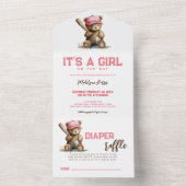 Baseball Teddy Bear QR RSVP Diaper raffle All In One Uitnodiging (Binnen)