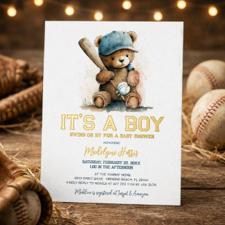 Baseball  Teddy Bear Watercolor Boy Baby Shower  Folie Uitnodiging