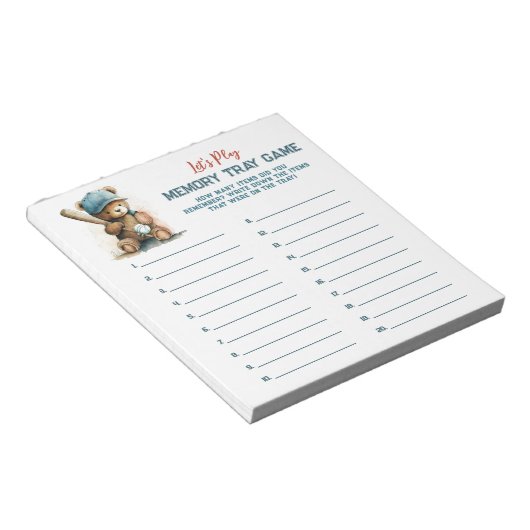 Baseball Teddy Boy Baby shower Memory Tray Game Notitieblok (Schuin)