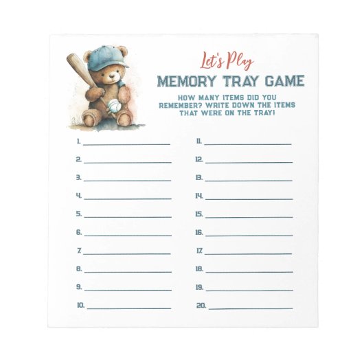 Baseball Teddy Boy Baby shower Memory Tray Game Notitieblok (Voorkant)