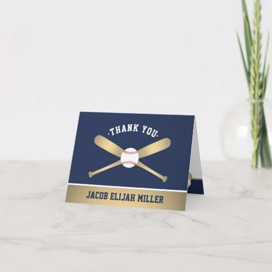 Baseball Thema Feest Elegant Navyblauw en Goud Th Bedankkaart (Voorkant)