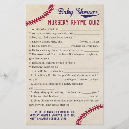 Baseball Theme Baby shower Nursery Rhyme Quiz Game Flyer (Voorkant)
