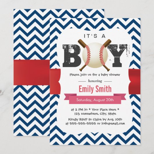 Baseball Theme Blue Chevron Het is een Jongen Baby Kaart (Voorkant / Achterkant)
