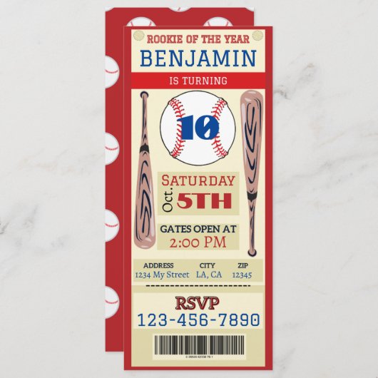 Baseball Theme Event Ticket Verjaardag Uitnodiging (Voorkant / Achterkant)
