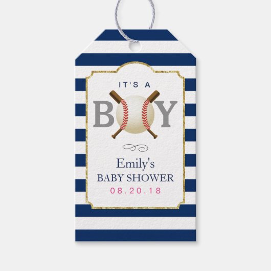 Baseball ThleBoy Navy Blue Stripes Baby shower Cadeaulabel (Voorkant)