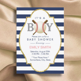 Baseball ThleBoy Navy Blue Stripes Baby shower Kaart