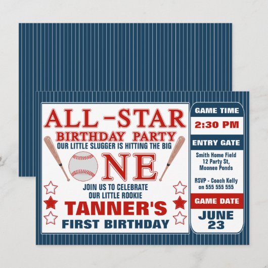 Baseball Ticket 1st Birthday Party Invitation Kaart (Voorkant / Achterkant)