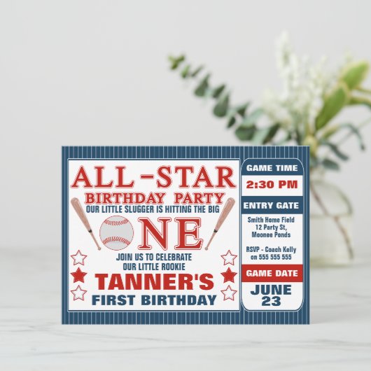 Baseball Ticket 1st Birthday Party Invitation Kaart (Staand voorkant)