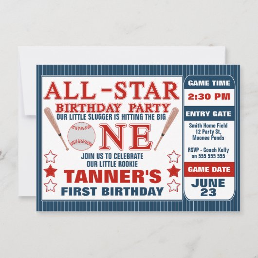 Baseball Ticket 1st Birthday Party Invitation Kaart (Voorkant)