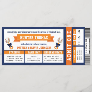 Baseball Ticket Baby shower, blauw, Oranje Kaart