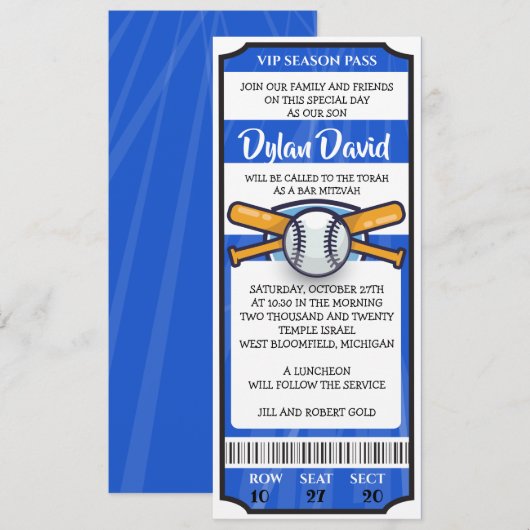 BASEBALL TICKET Bar Bat Mitzvah Uitnodiging (Voorkant / Achterkant)