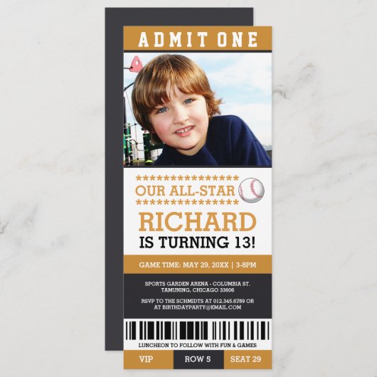 Baseball Ticket Birthday Invites Kaart (Voorkant / Achterkant)