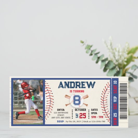 Baseball ticket elke leeftijd verjaardag Met foto Kaart (Staand voorkant)