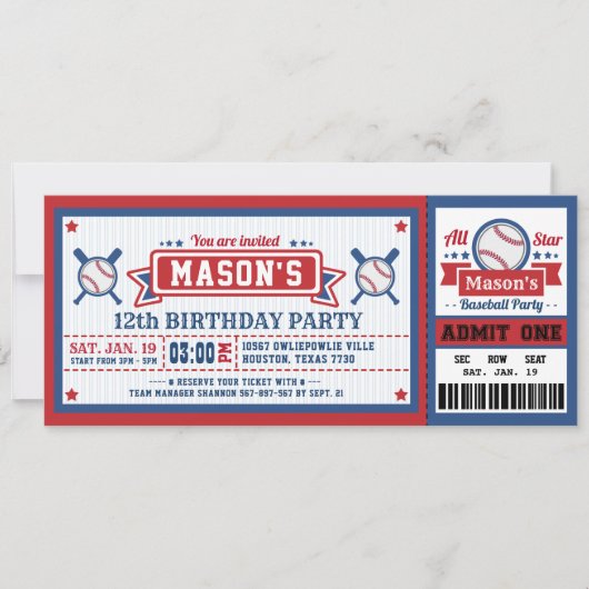 Baseball Ticket Pass Birthday Invitation Blue Red Kaart (Voorkant)