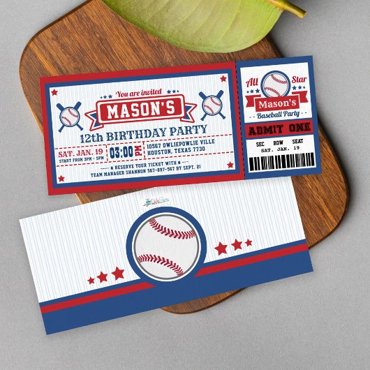 Baseball Ticket Pass Birthday Invitation Blue Red Kaart
