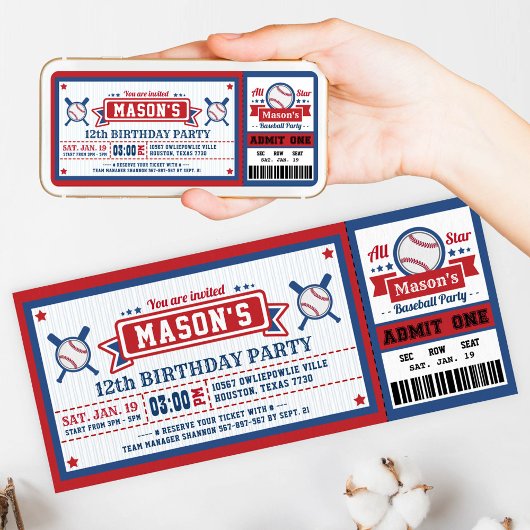Baseball Ticket Pass Birthday Invitation Blue Red Kaart
