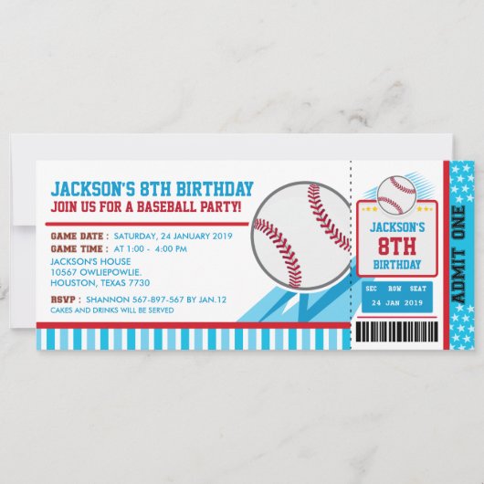 Baseball Ticket Pass Birthday Uitnodiging (Voorkant)