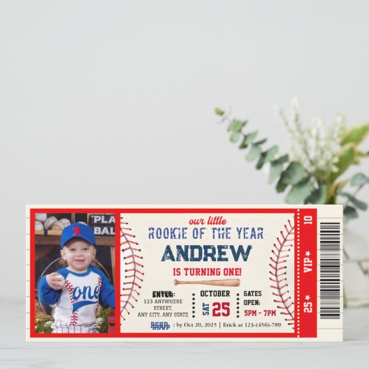 Baseball ticket rood thema verjaardag Met foto Kaart (Staand voorkant)