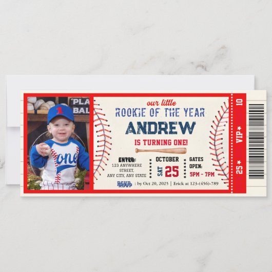 Baseball ticket rood thema verjaardag Met foto Kaart (Voorkant)