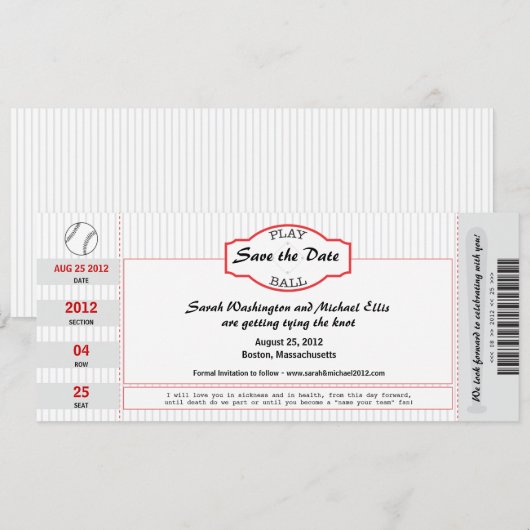 Baseball Ticket Save the Date (Voorkant / Achterkant)