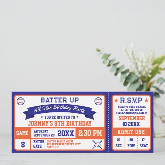 Baseball Ticket Verjaardagsfeestje Blauw Sinaasapp Kaart (Staand voorkant)