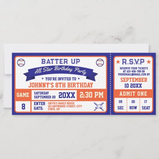 Baseball Ticket Verjaardagsfeestje Blauw Sinaasapp Kaart (Voorkant)