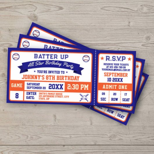 Baseball Ticket Verjaardagsfeestje Blauw Sinaasapp Kaart