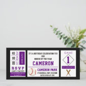 Baseball Ticket Verjaardagsfeestuitnodiging Paarse Kaart (Staand voorkant)