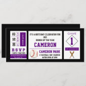 Baseball Ticket Verjaardagsfeestuitnodiging Paarse Kaart (Voorkant / Achterkant)