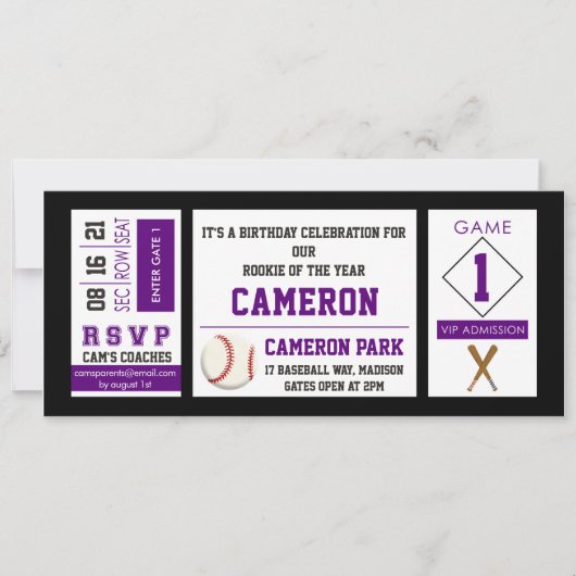 Baseball Ticket Verjaardagsfeestuitnodiging Paarse Kaart (Voorkant)